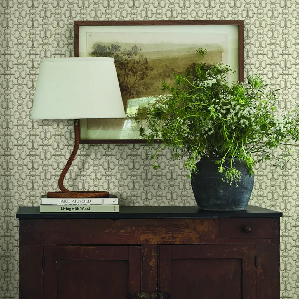 Living room with elegant Polo wallpaper in Warm Ivory by York Wallcoverings.