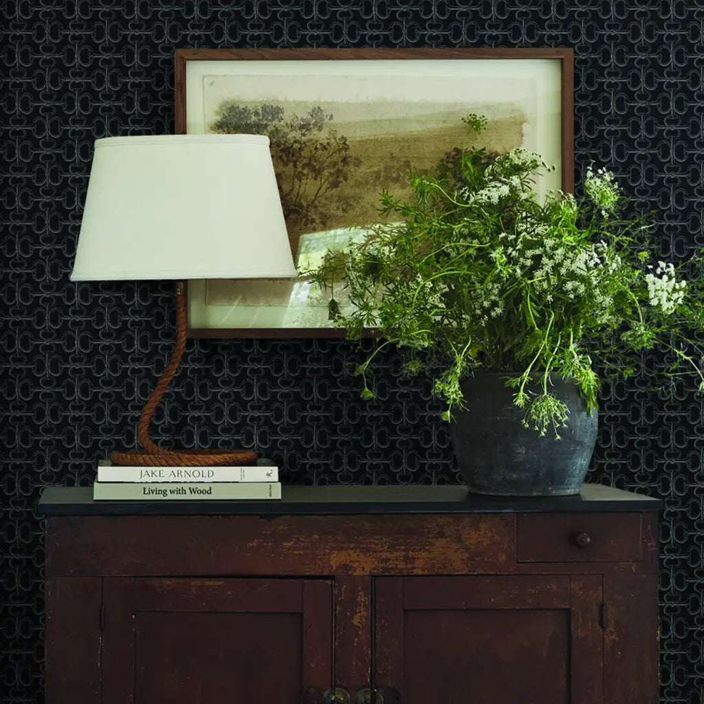 Modern living room featuring elegant Polo wallpaper in Charcoal and Grey by York Wallcoverings, creating a sophisticated ambiance.