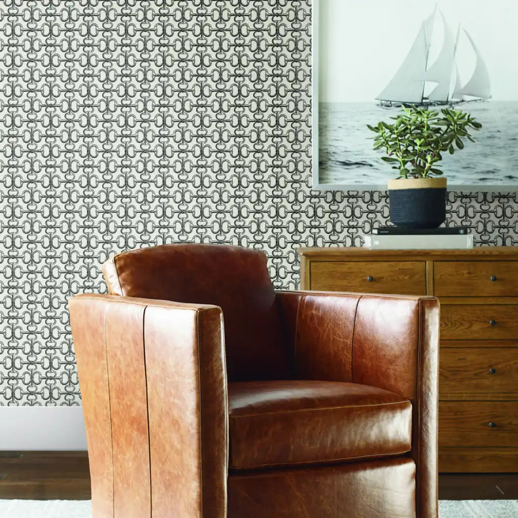 Living room featuring sophisticated Greige and Black 'Polo' wallpaper by York Wallcoverings, enhancing modern interior design.