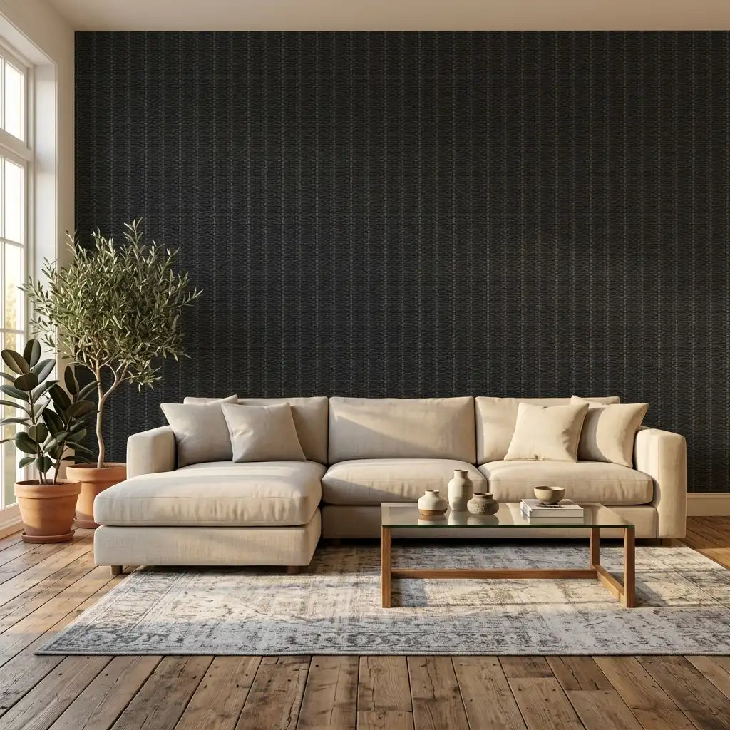 Living Room - Features elegant Polo wallpaper in Charcoal and Grey by York Wallcoverings, creating a sophisticated and modern space.