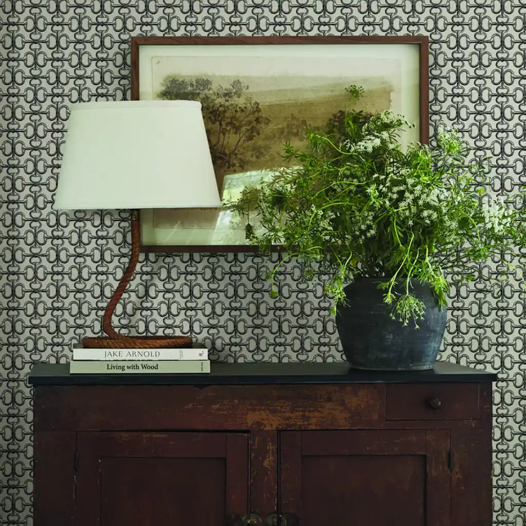 Modern living room featuring elegant Greige and Black 'Polo' wallpaper by York Wallcoverings, adding style and depth.