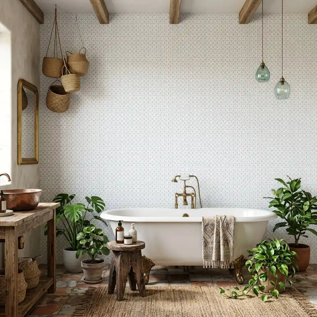 Bathroom - Priti wallpaper in Blue, White by York Wallcoverings creates a serene and stylish space.