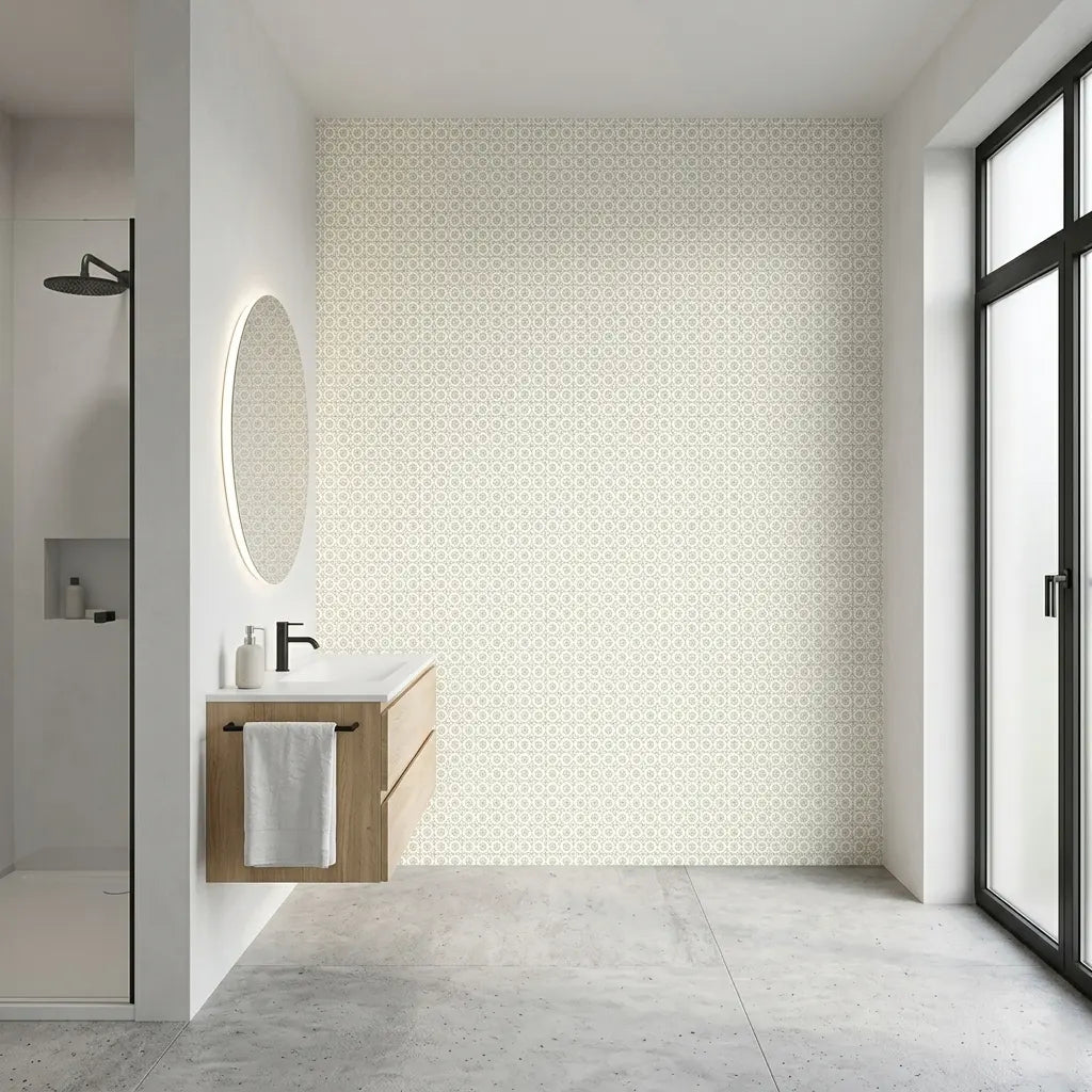 Bathroom - Features 'Priti' wallpaper in green and white by York Wallcoverings, creating a fresh, elegant space.