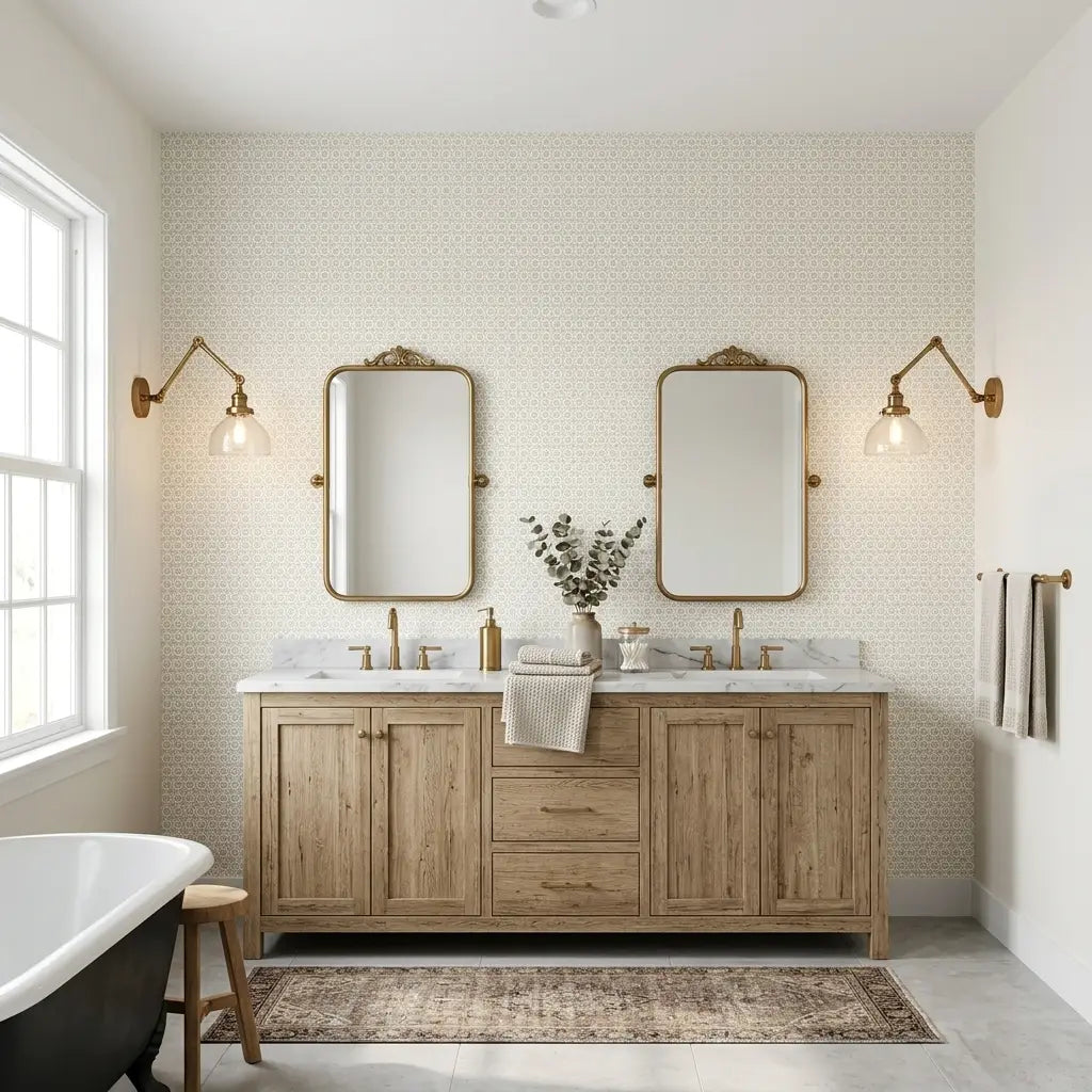 Bathroom - Priti wallpaper by York Wallcoverings in soft beige and white creates a serene, elegant space.