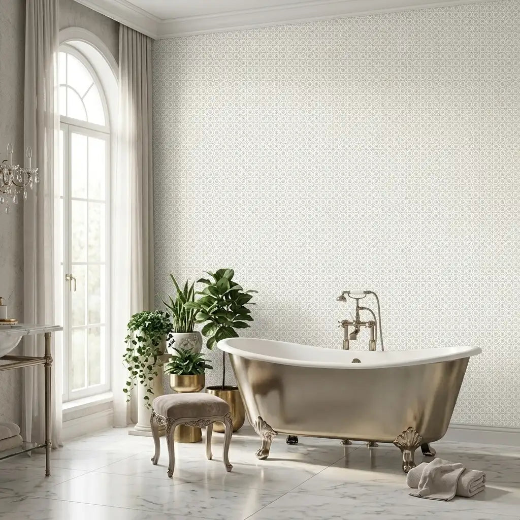 Bathroom - Elegant bathroom features 'Priti' wallpaper in grey and white by York Wallcoverings, creating a serene and stylish space.