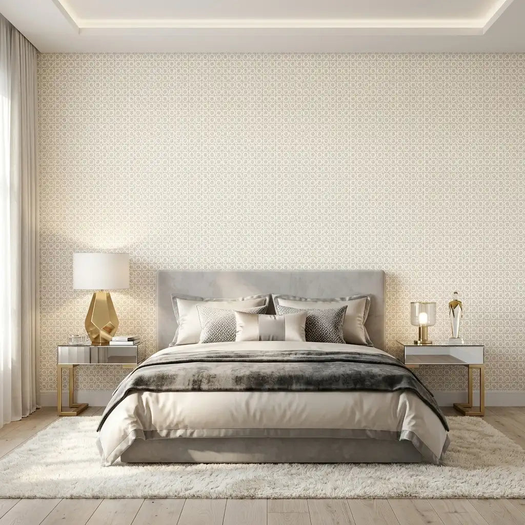 Bedroom - Priti wallpaper in Beige and White by York Wallcoverings creates a serene and elegant space.