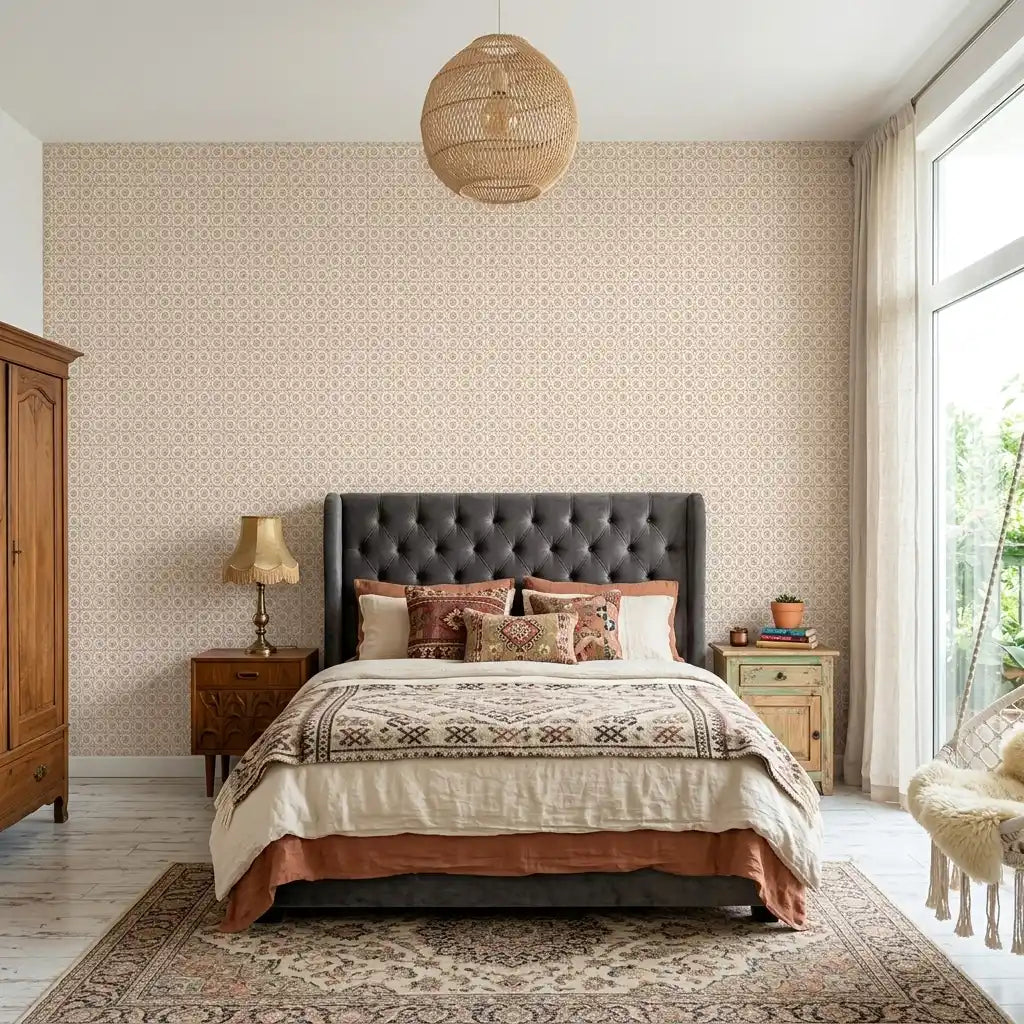 Bedroom - Elegant "Priti" wallpaper in brown & beige by York Wallcoverings creates a warm, inviting space.
