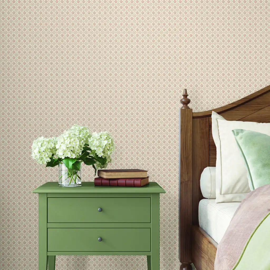 Warm bedroom showcasing Priti wallpaper in Brown, Beige by York Wallcoverings for a stylish look.