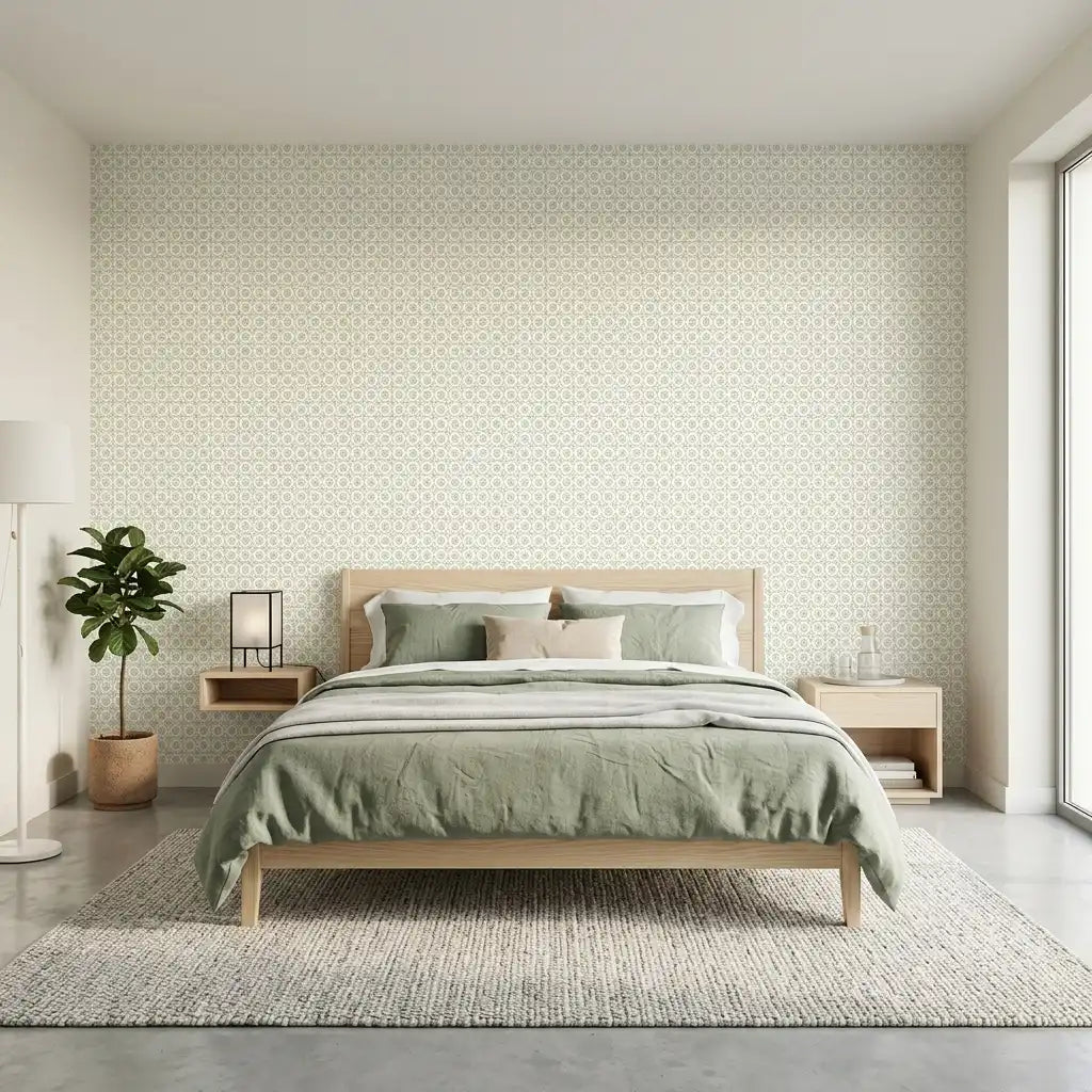 Bedroom - Stylish room featuring Priti wallpaper in Green, White by York Wallcoverings, creating a serene and inviting atmosphere.