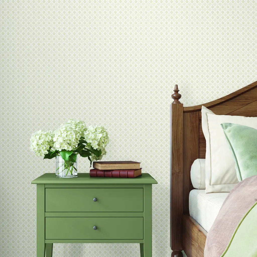 Priti wallpaper in Beige, White by York Wallcoverings adorns this serene bedroom, adding subtle texture and light.