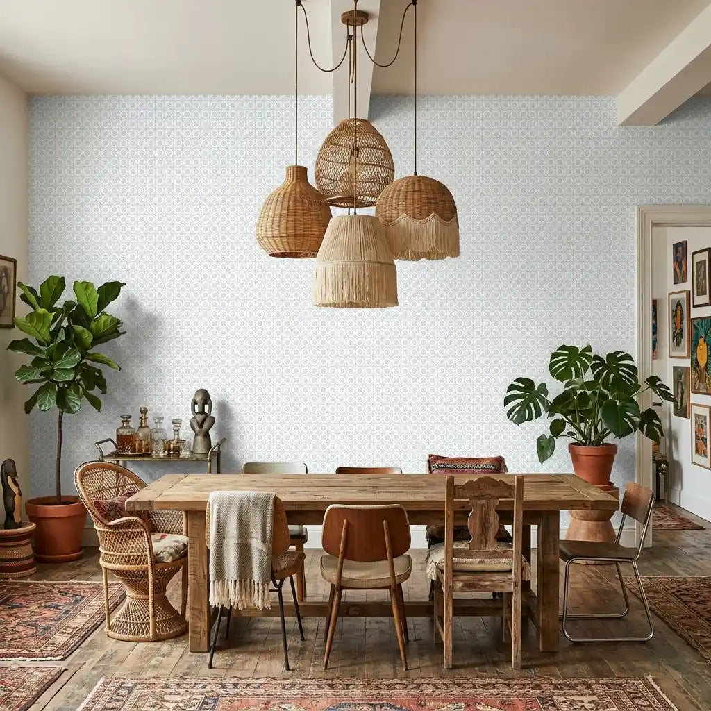Dining Room - Elegant dining space showcasing blue and white Priti wallpaper by York Wallcoverings, creating a serene ambiance.
