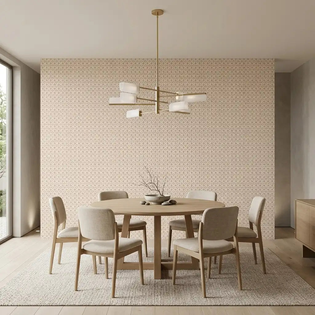 Dining Room - Elegant dining room showcasing "Priti" wallpaper in Brown, Beige by York Wallcoverings, creating a sophisticated ambiance.