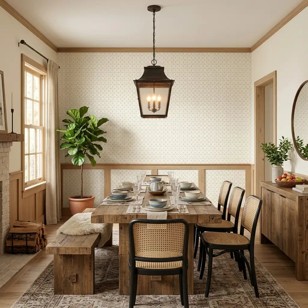 Dining Room - Elegant dining space featuring Priti wallpaper in beige and white by York Wallcoverings, creating a sophisticated atmosphere.
