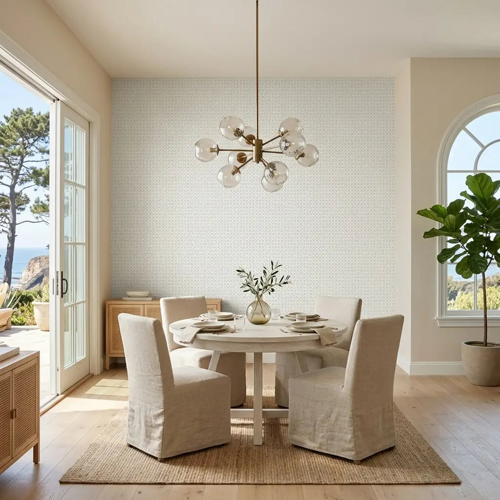 Dining Room - Elegant dining room with 'Priti' wallpaper in Grey and White, a beautiful design from York Wallcoverings.