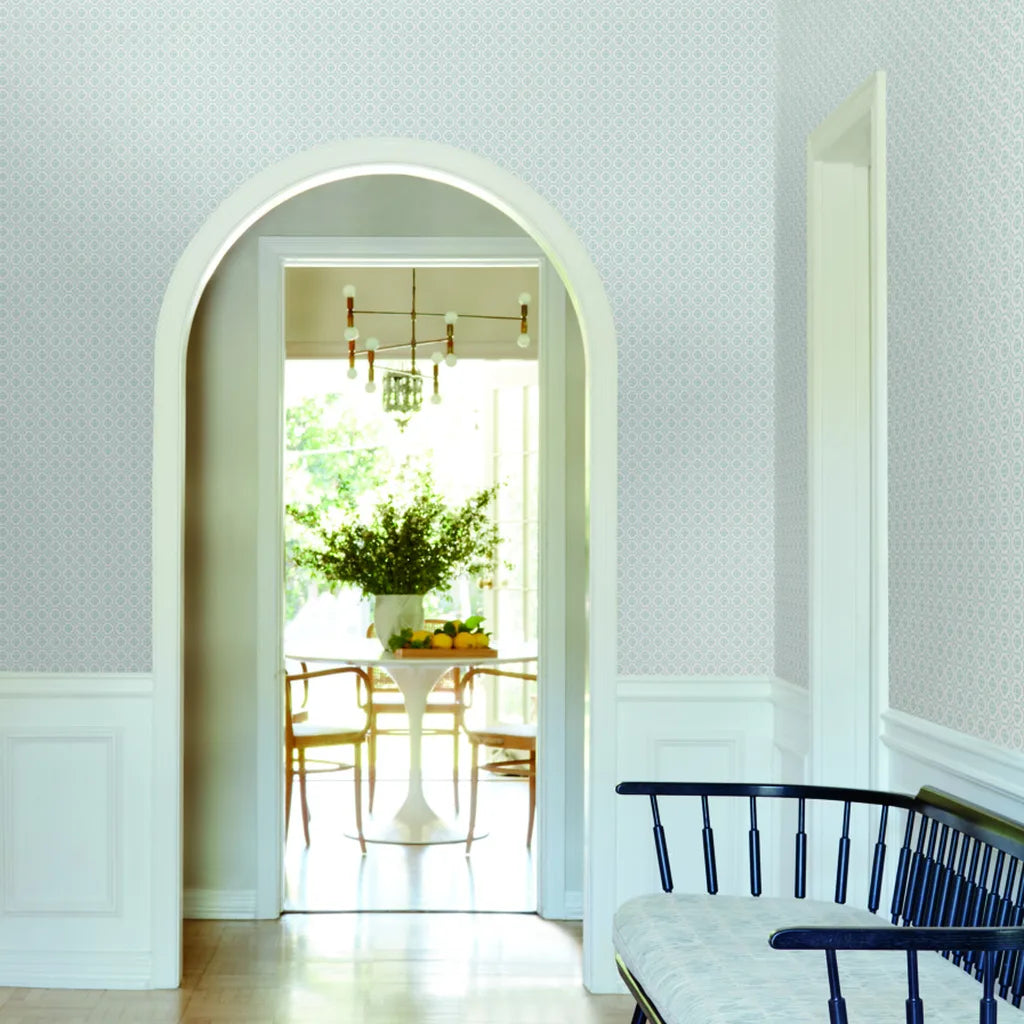 Stunning entryway featuring 'Priti' wallpaper in Blue and White by York Wallcoverings, creating a fresh, inviting atmosphere.