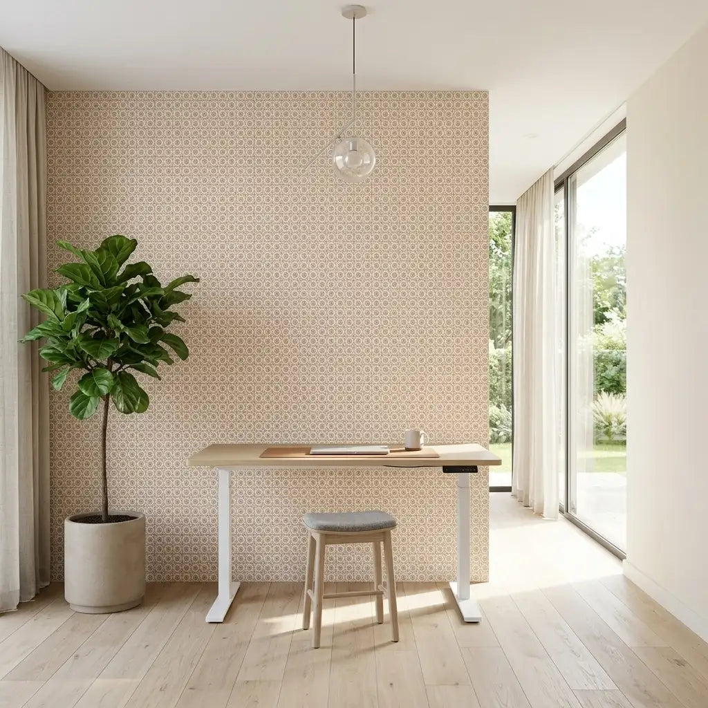 Home Office - Priti wallpaper by York Wallcoverings in brown and beige tones creates a warm, inviting workspace.