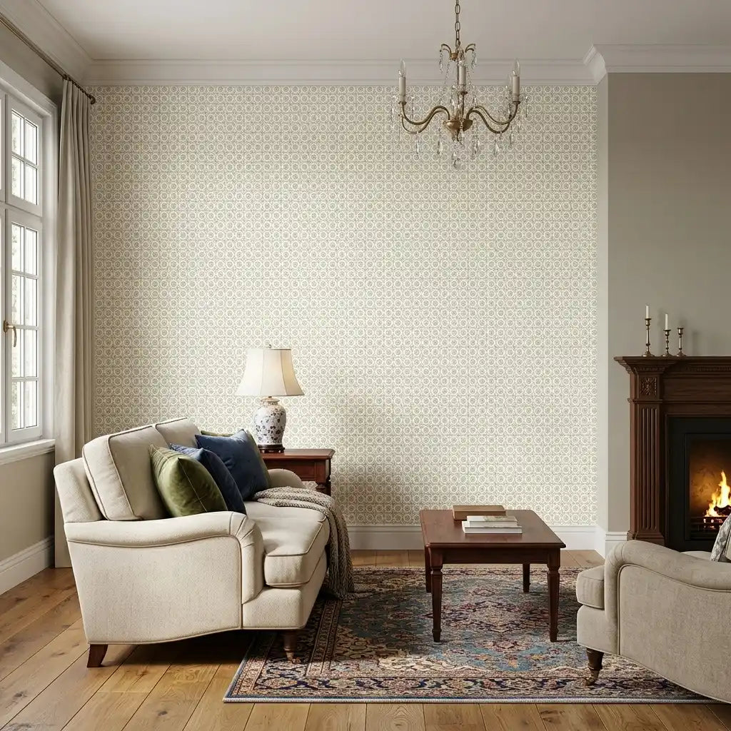 Living Room - Elegant living room featuring 'Priti' wallpaper in green and white by York Wallcoverings, creating a serene and stylish space.