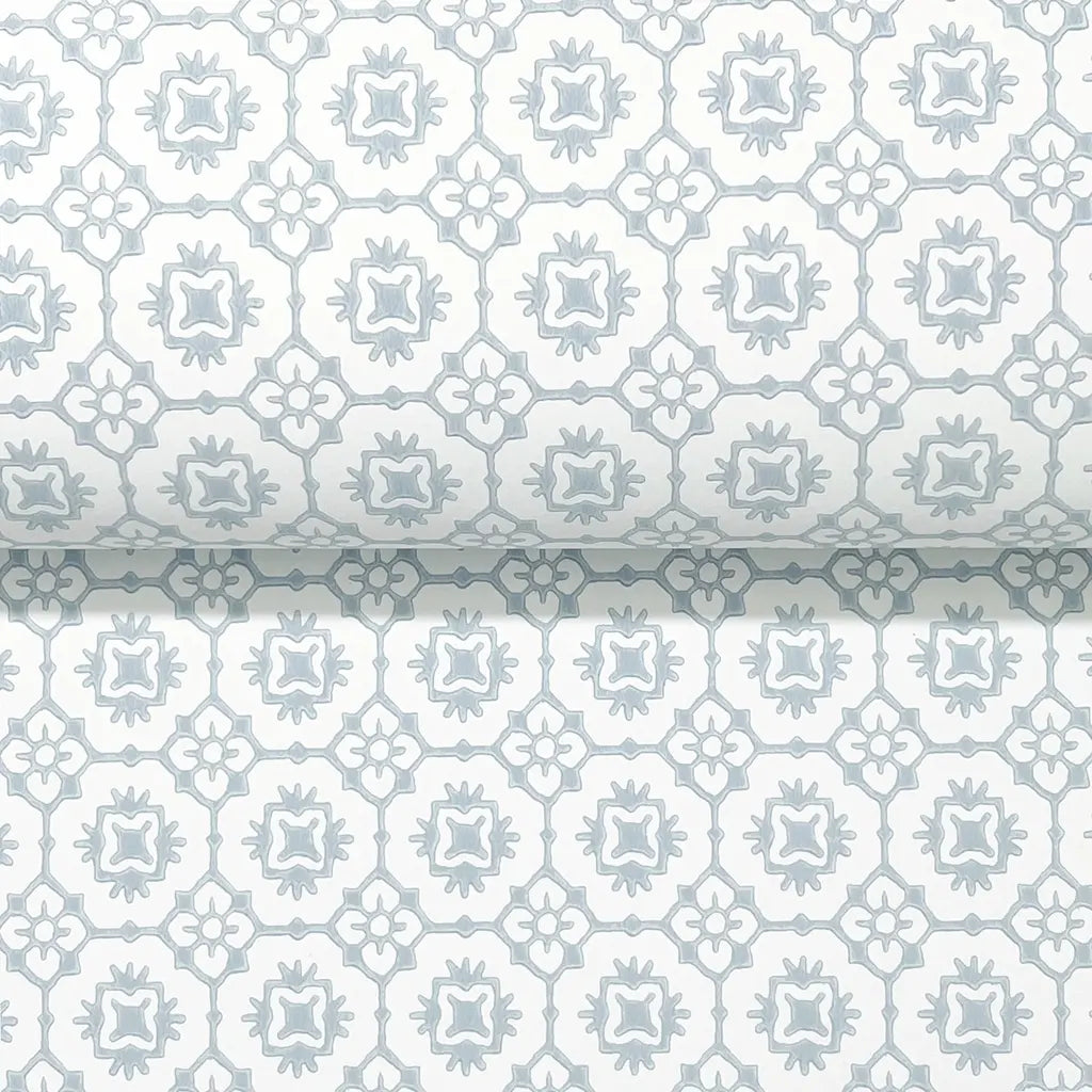 Close-up texture detail of Priti wallpaper by York Wallcoverings, showcasing intricate blue and white patterns.