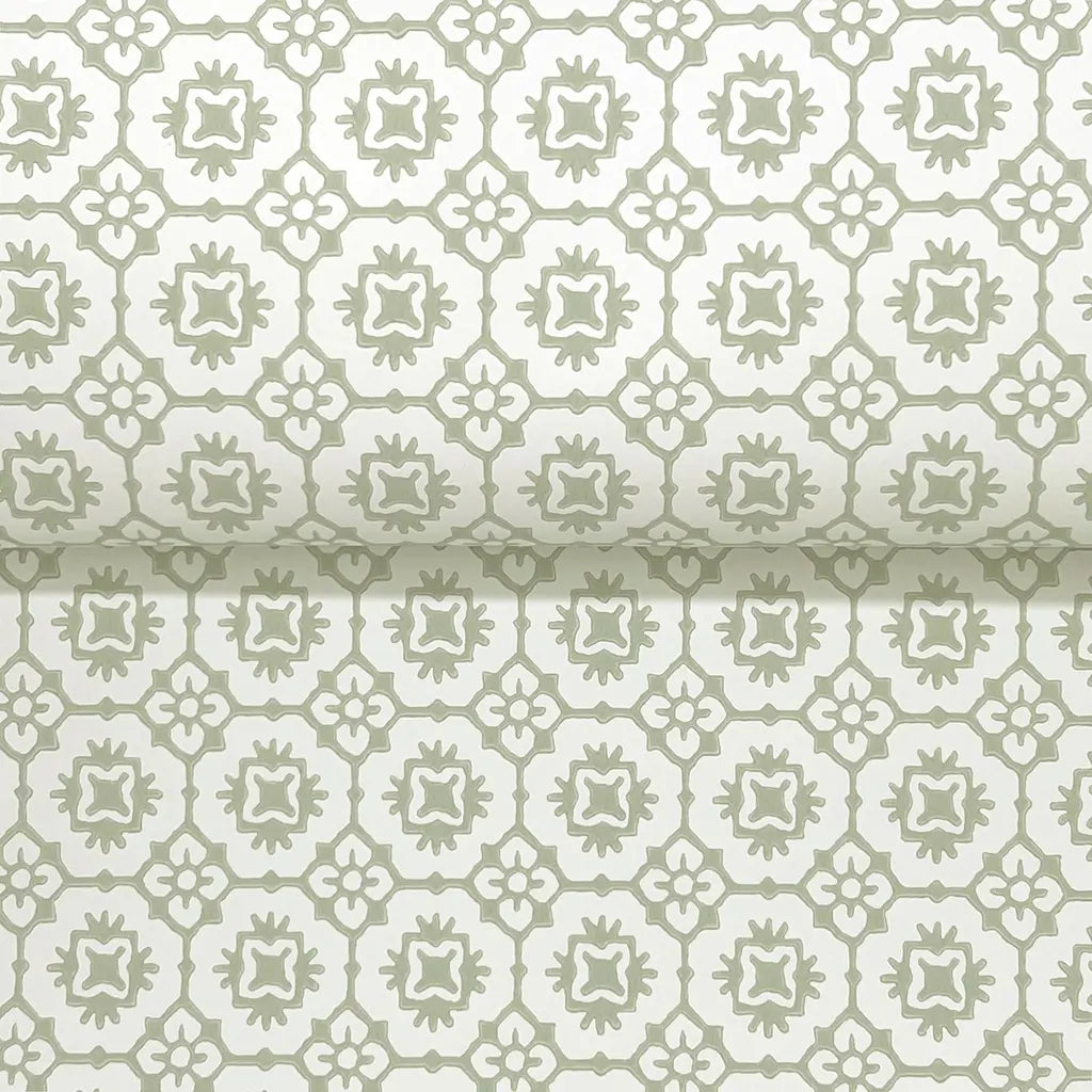Close-up texture of 'Priti' wallpaper by York Wallcoverings, showcasing its intricate green and white design.