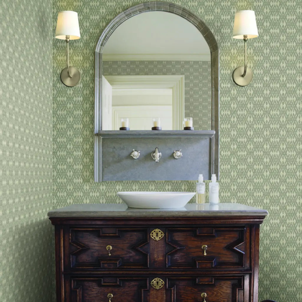 Bathroom featuring Radcliffe Greige wallpaper by York Wallcoverings, adding serene sophistication.