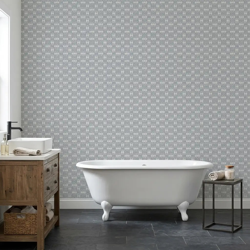 Bathroom - Elegant bathroom showcasing Radcliffe Light Blue-Grey wallpaper by York Wallcoverings.