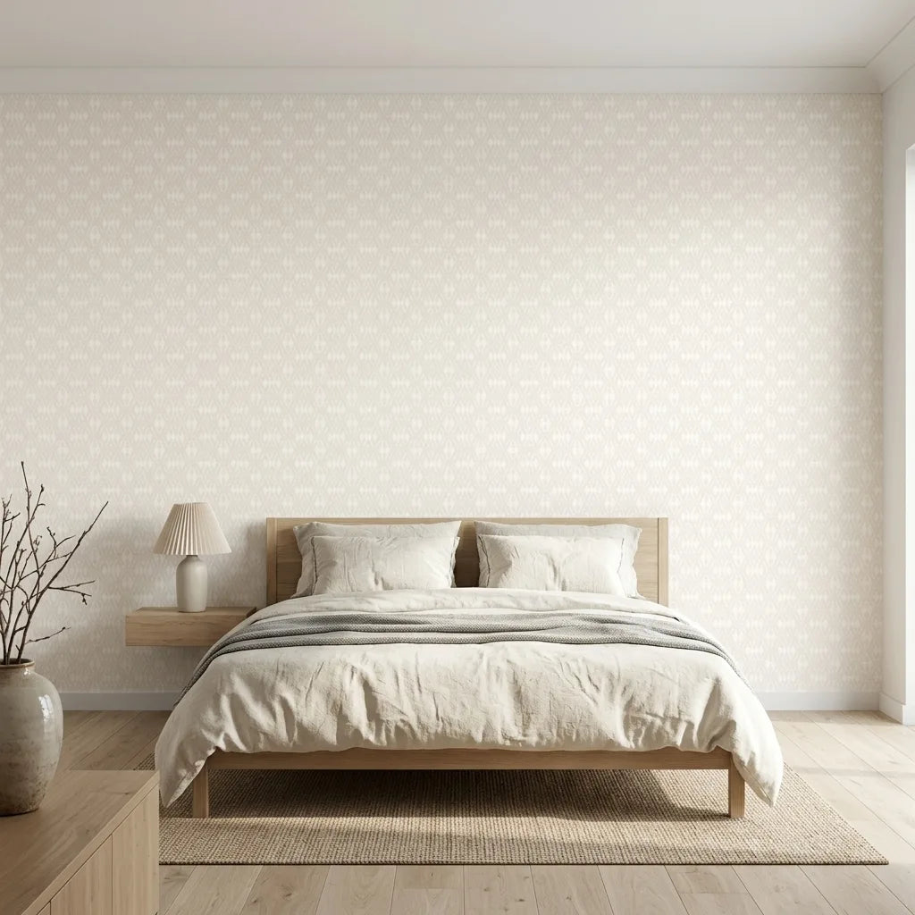 Bedroom - Elegant bedroom featuring Radcliffe wallpaper in Warm Ivory by York Wallcoverings, creating a serene and stylish space.