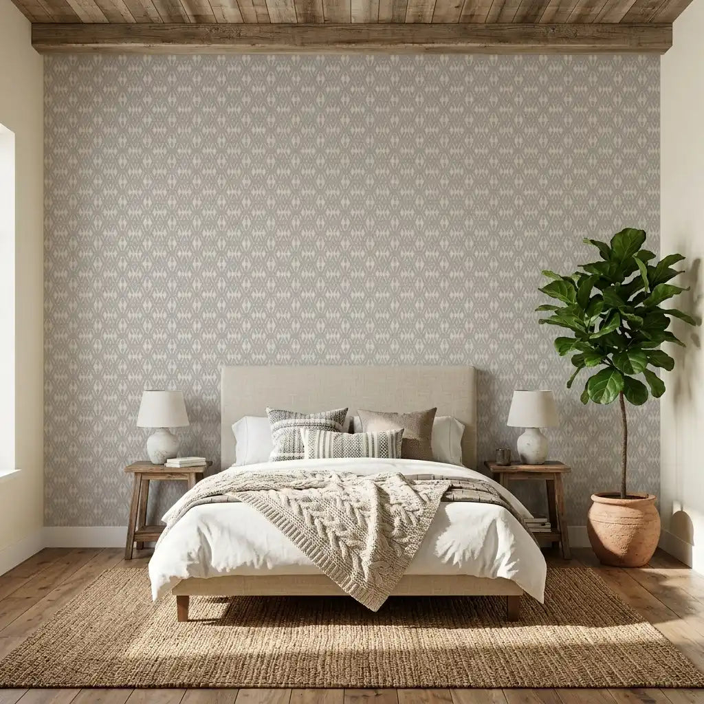 Bedroom - Greige Radcliffe wallpaper by York Wallcoverings creates a serene and stylish retreat.