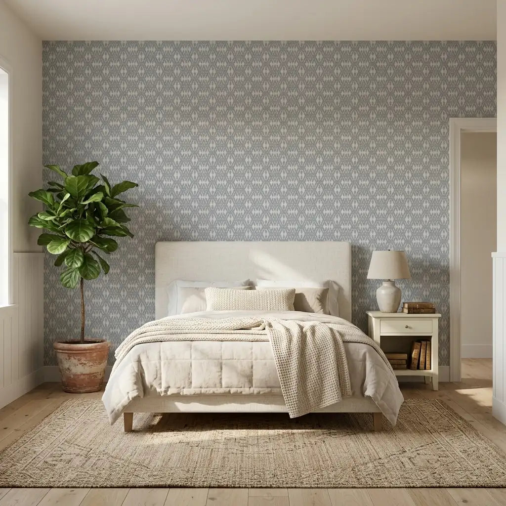 Bedroom - Serene space featuring Light Blue-Grey "Radcliffe" wallpaper by York Wallcoverings, creating a peaceful and stylish retreat.