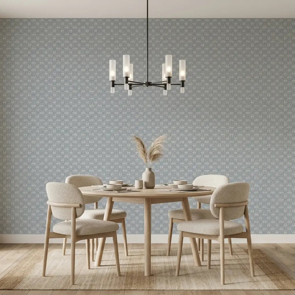Dining Room - Radcliffe Light Blue-Grey wallpaper by York Wallcoverings brings serene elegance to this sophisticated dining space.