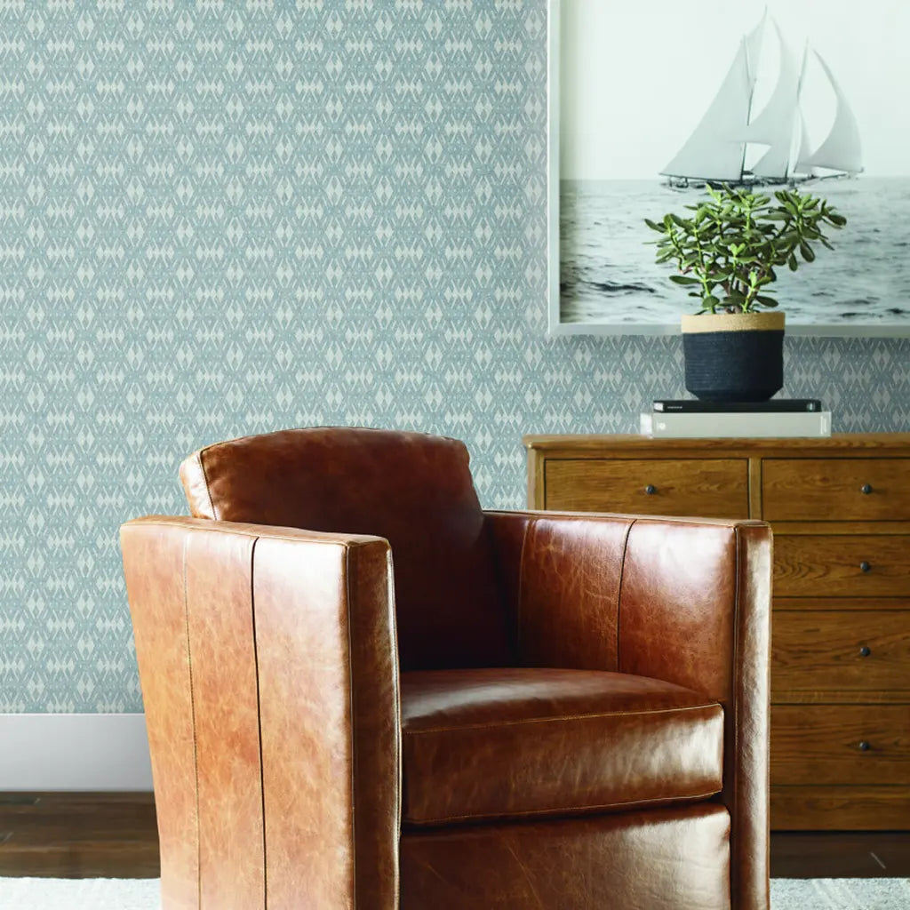 Living room showcasing Radcliffe wallpaper in Light Blue-Grey by York Wallcoverings, creating a serene and stylish space.