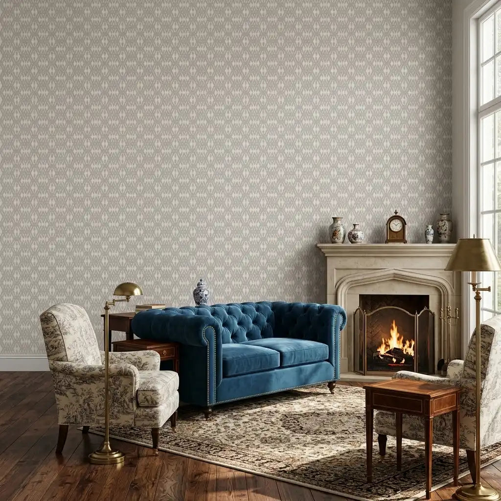 Living Room - Elegant living room showcasing Greige 'Radcliffe' wallpaper by York Wallcoverings, creating a serene and stylish space.