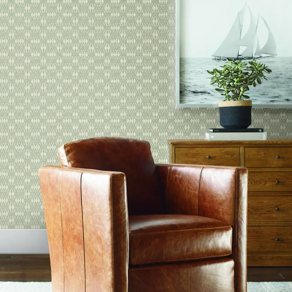 Elegant living room showcasing Radcliffe wallpaper in Greige by York Wallcoverings, adding sophisticated texture to the space.