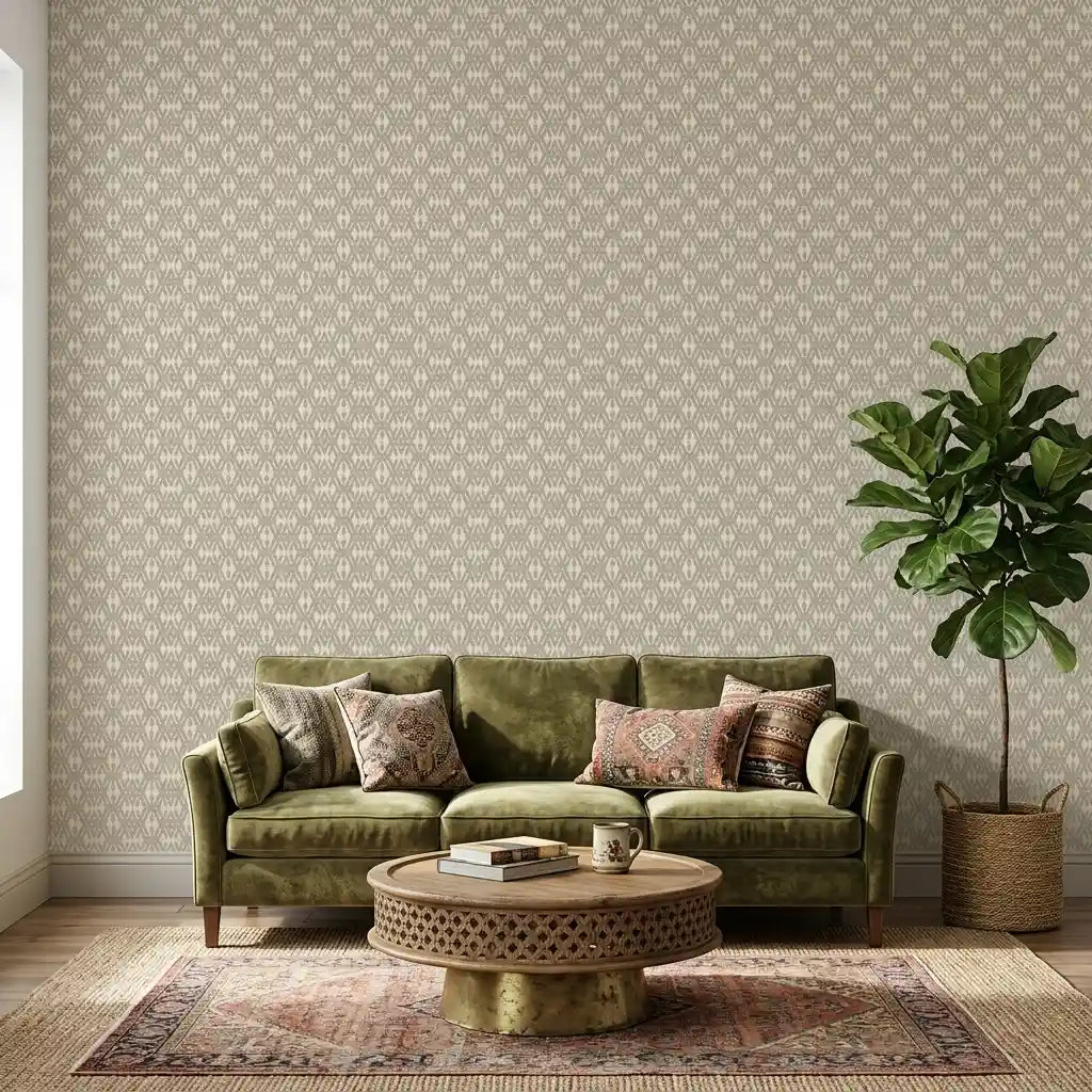 Living Room - Elegant living room featuring Radcliffe wallpaper in Greige by York Wallcoverings.