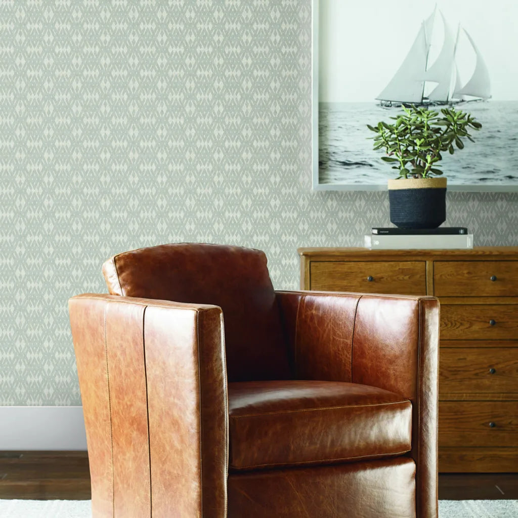 Living room showcasing elegant Greige Radcliffe wallpaper by York Wallcoverings, adding a sophisticated touch.