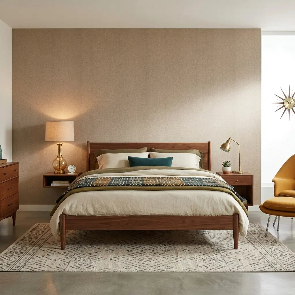 Bedroom - Cozy room featuring textured Light Tan Radiant Paperweave wallpaper by York Wallcoverings.
