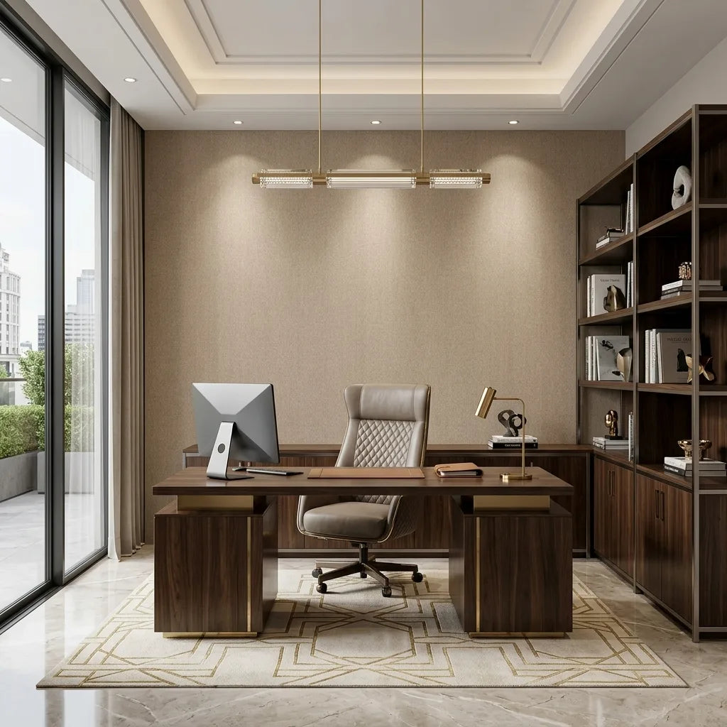 Home Office - Elegant home office featuring York Wallcoverings' Radiant Paperweave wallpaper in a soothing Light Tan.