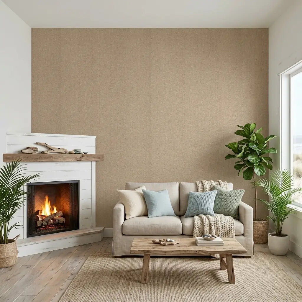 Living Room - Features Radiant Paperweave wallpaper in Light Tan by York Wallcoverings, creating a chic and modern aesthetic.