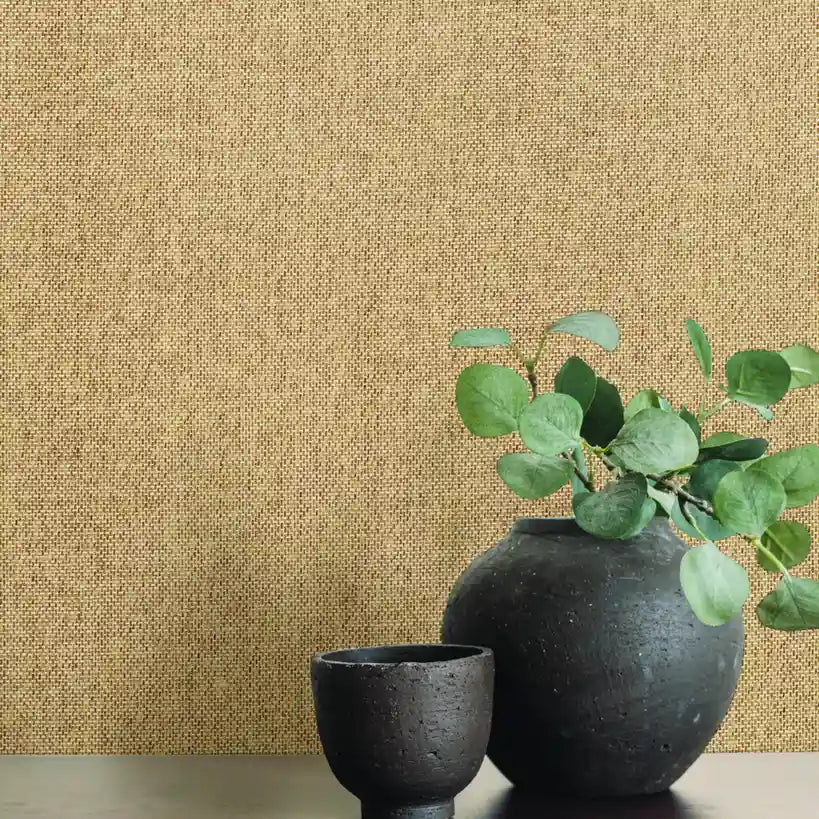 Interior features Radiant Paperweave wallpaper in Light Tan by York Wallcoverings, adding natural texture to the room.