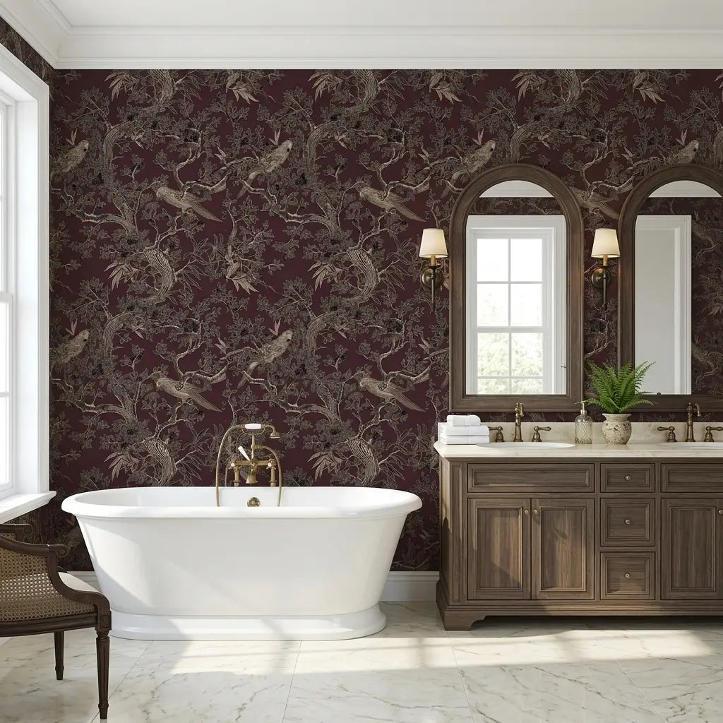 Bathroom - Luxurious bathroom featuring York Wallcoverings' Regal Ridge wallpaper in deep Burgundy, creating a rich aesthetic.