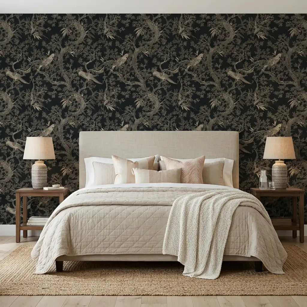 Bedroom - Elegant space featuring York Wallcoverings' "Regal Ridge" wallpaper in Black and Beige, creating a sophisticated ambiance.