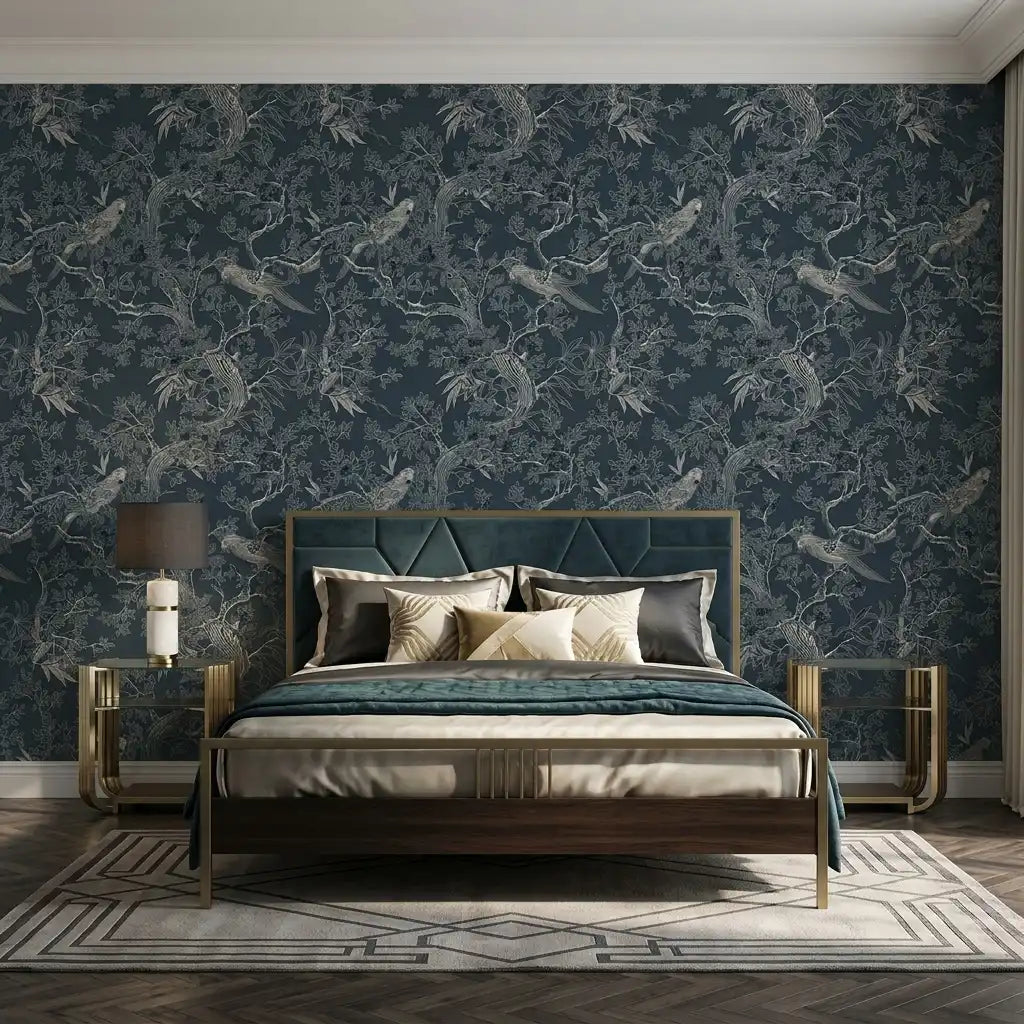 Bedroom - Elegant room showcases Dark Blue Regal Ridge wallpaper by York Wallcoverings, creating a sophisticated and stylish ambiance.