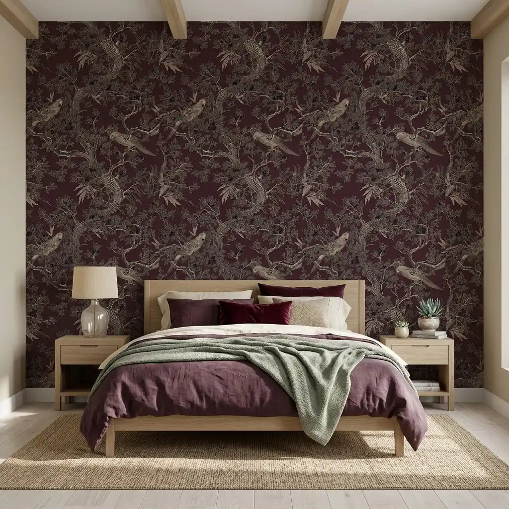 Bedroom - Elegant room with 'Regal Ridge' wallpaper in Burgundy by York Wallcoverings, creating a luxurious and cozy atmosphere.