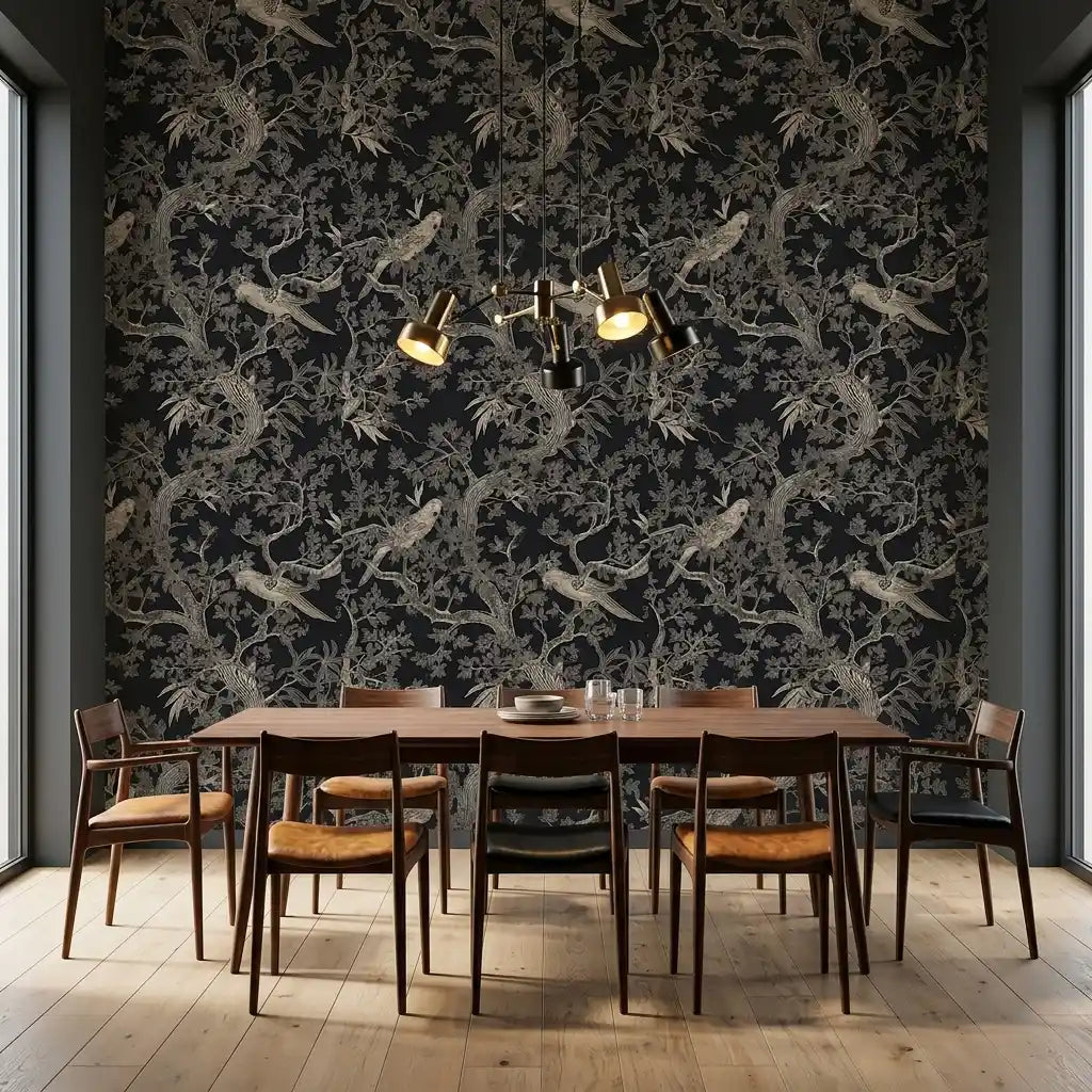 Dining Room - Sophisticated dining room featuring the striking Black and Beige 'Regal Ridge' wallpaper by York Wallcoverings.