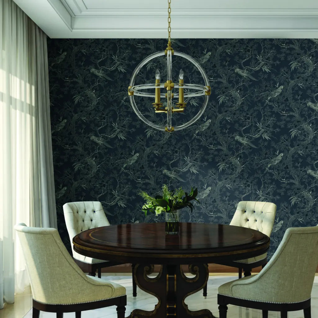 'Regal Ridge' Dark Blue wallpaper by York Wallcoverings defines this elegant dining room.