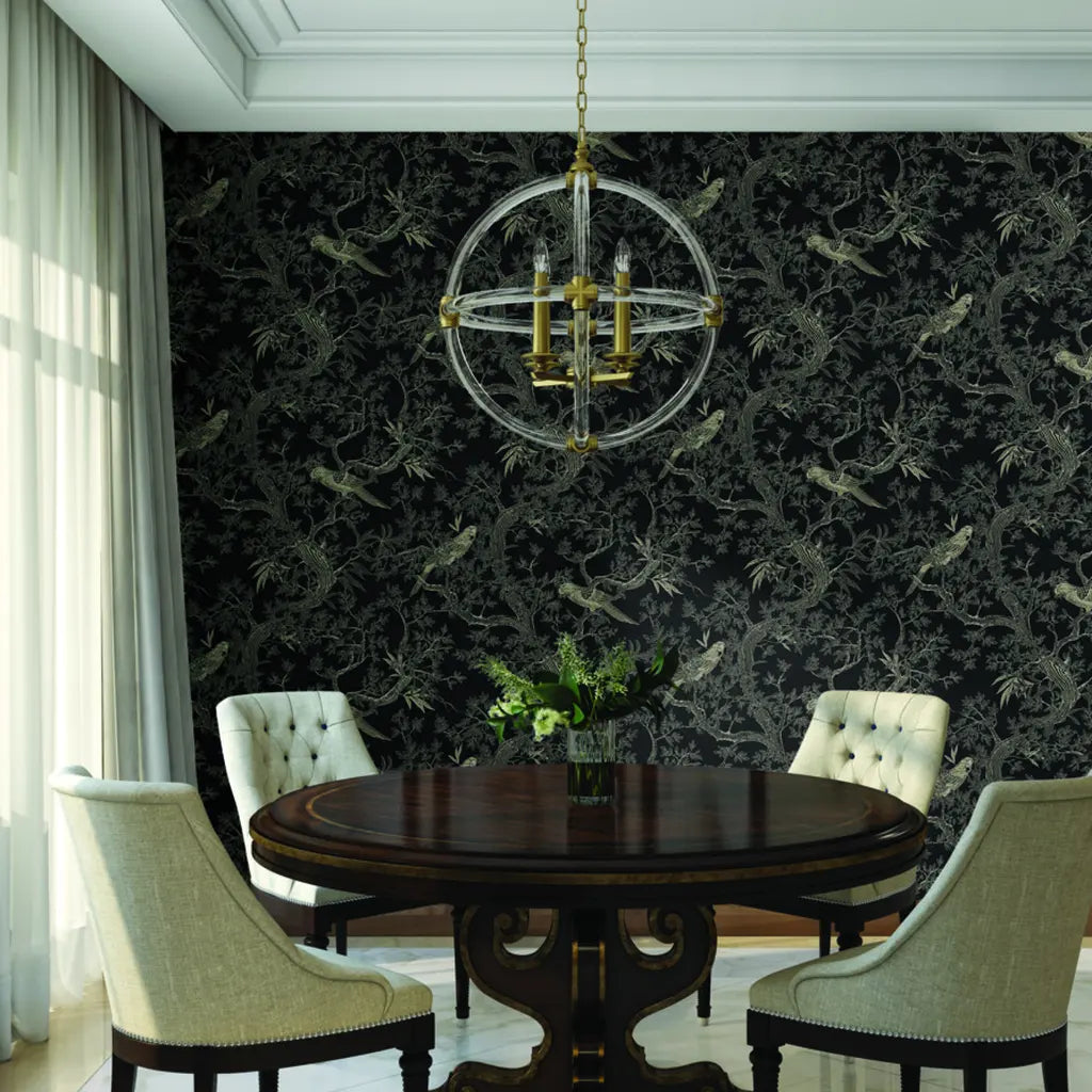 Elegant dining room showcasing 'Regal Ridge' wallpaper in Black and Beige by York Wallcoverings, creating a refined atmosphere.