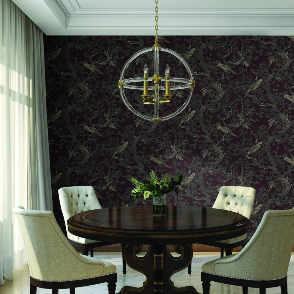 Dining room featuring elegant Regal Ridge wallpaper in rich Burgundy by York Wallcoverings, perfect for sophisticated interiors.