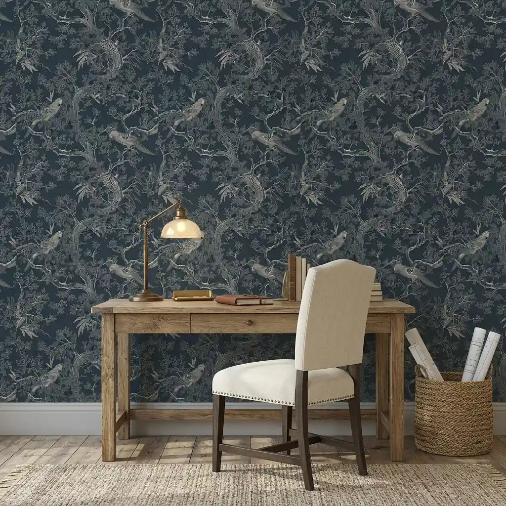 Home Office - Dark blue "Regal Ridge" wallpaper by York Wallcoverings creates a sophisticated and inspiring workspace.