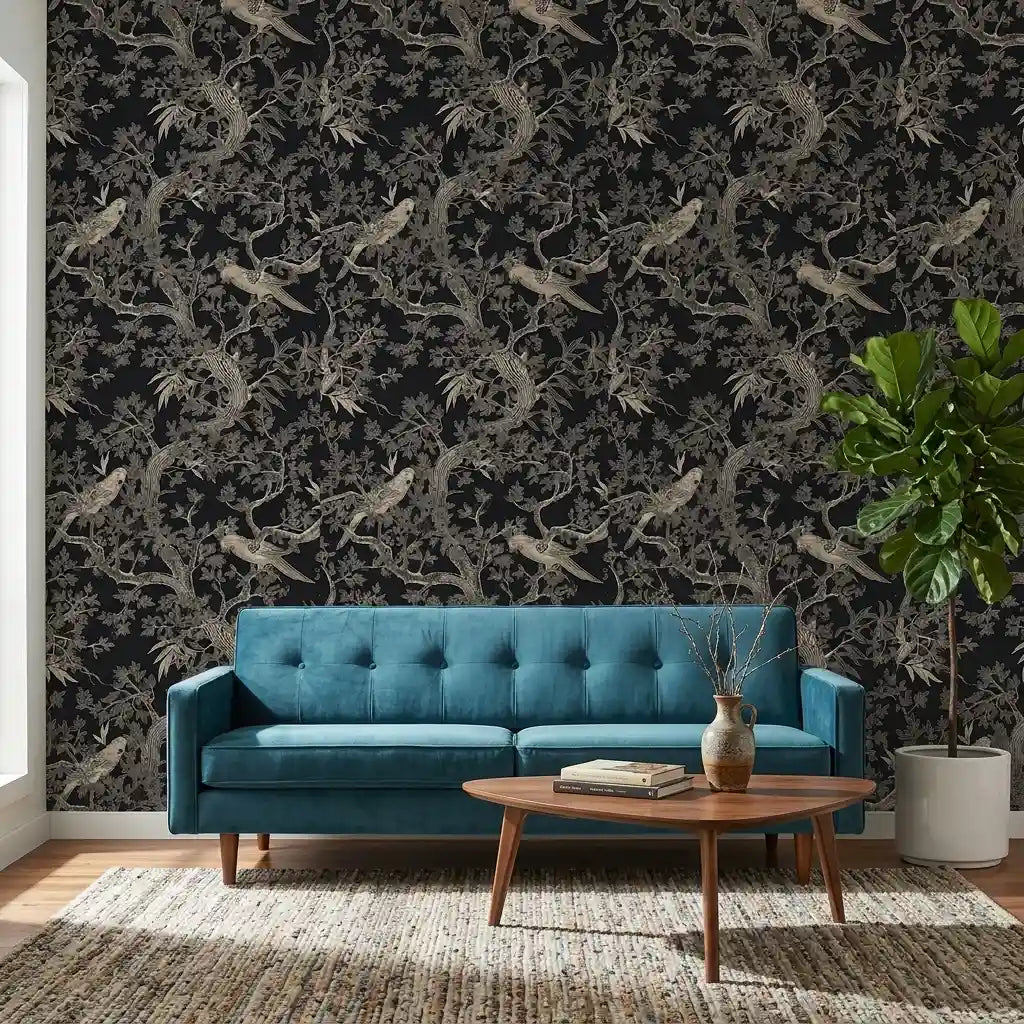 Living Room - Elegant living space showcasing 'Regal Ridge' wallpaper in Black and Beige by York Wallcoverings, creating a sophisticated ambiance.