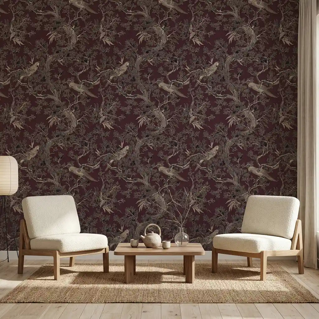 Living Room - Elegant living room with stunning Regal Ridge wallpaper in rich Burgundy by York Wallcoverings.