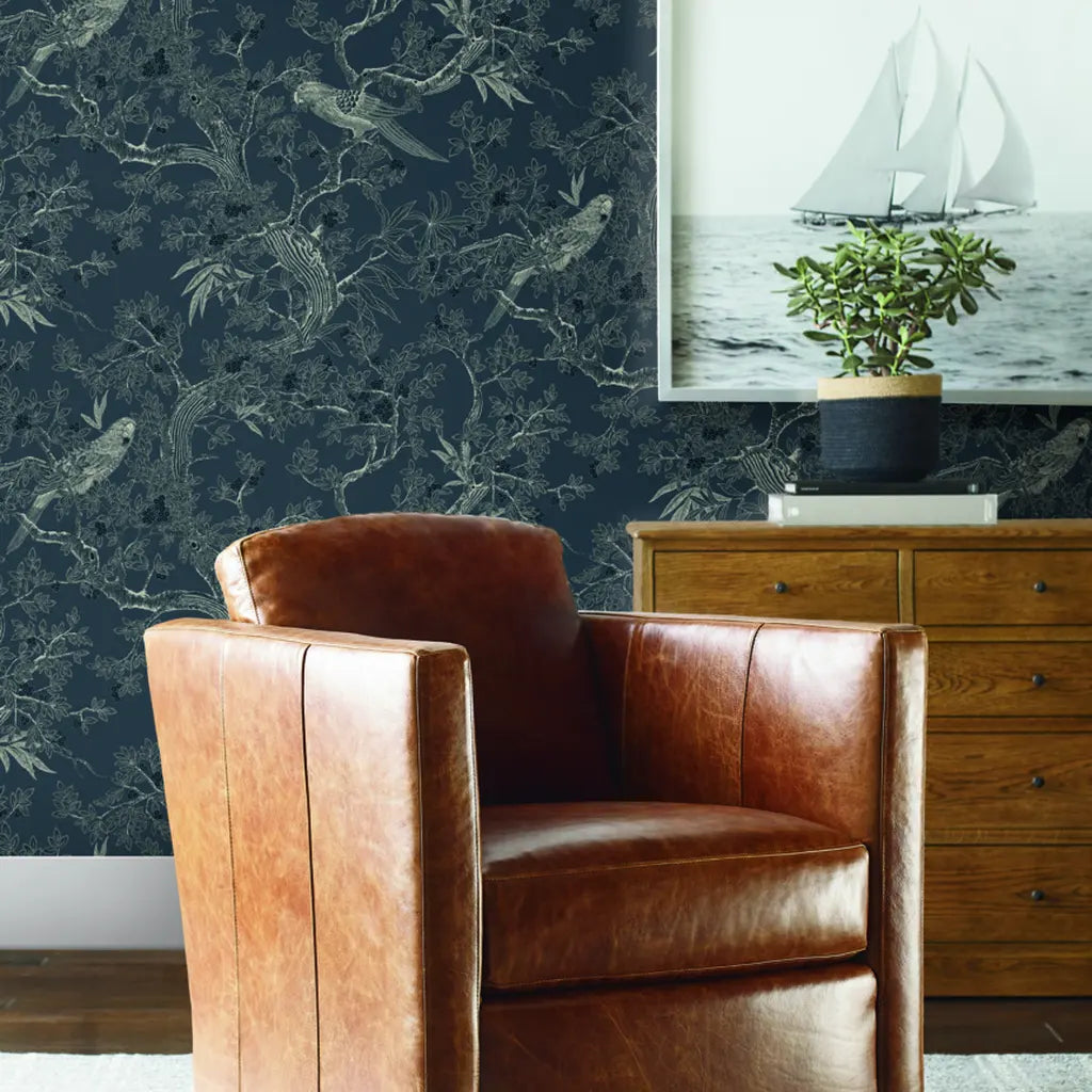 Elegant living room showcases Dark Blue Regal Ridge wallpaper by York Wallcoverings, adding sophisticated depth to the space.